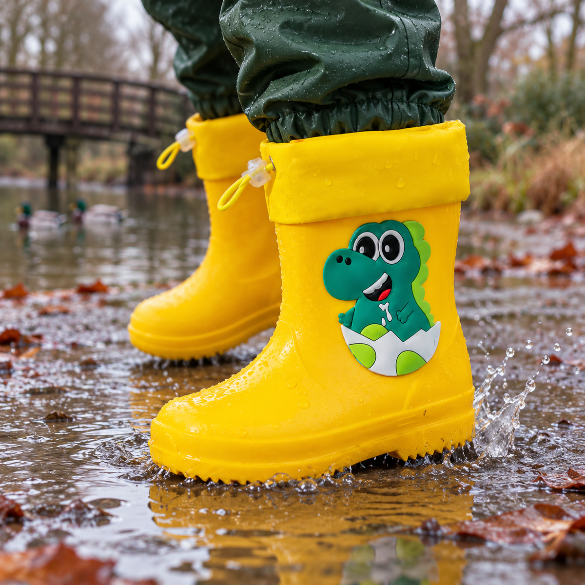 Pitsch – Orthopädische Kinder Gummistiefel wasserdicht – Leichte Regenstiefel mit Dino-Motiv & Kordelzug-Stulpe