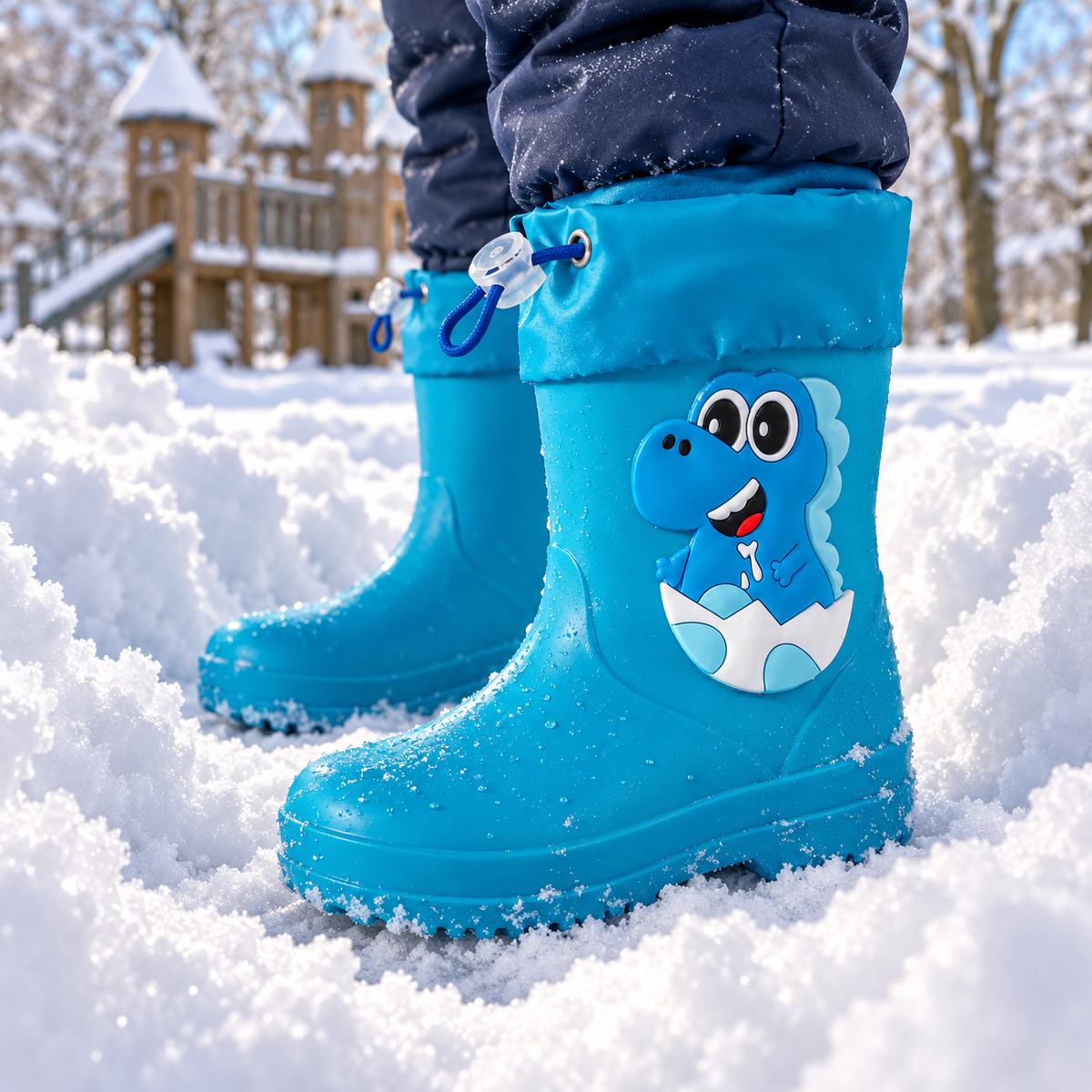 Pitsch – Orthopädische Kinder Gummistiefel wasserdicht – Leichte Regenstiefel mit Dino-Motiv & Kordelzug-Stulpe