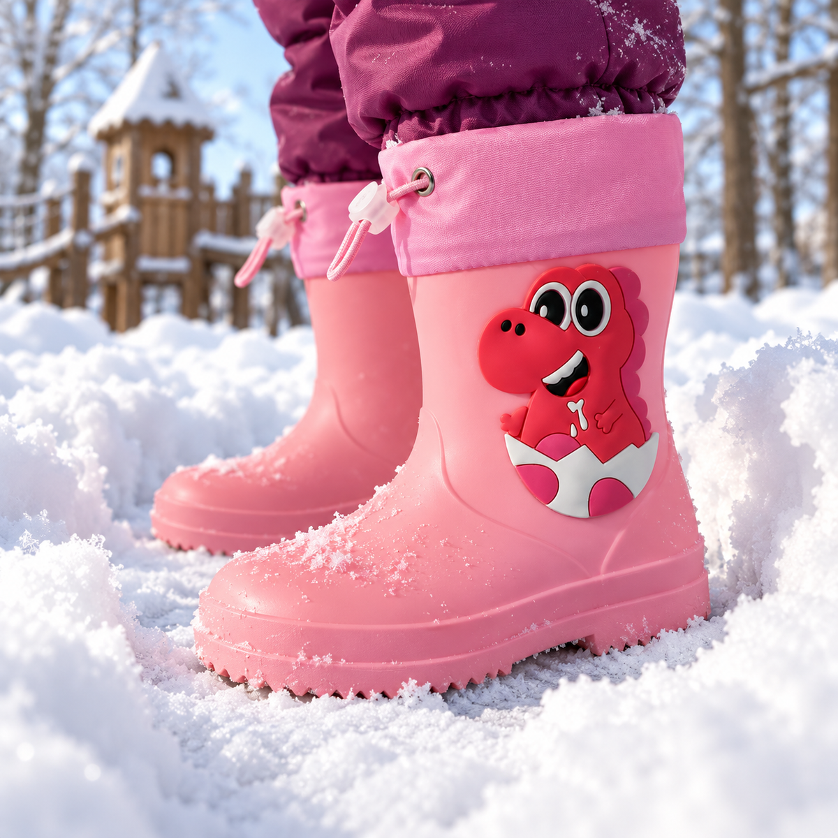 Pitsch – Orthopädische Kinder Gummistiefel wasserdicht – Leichte Regenstiefel mit Dino-Motiv & Kordelzug-Stulpe