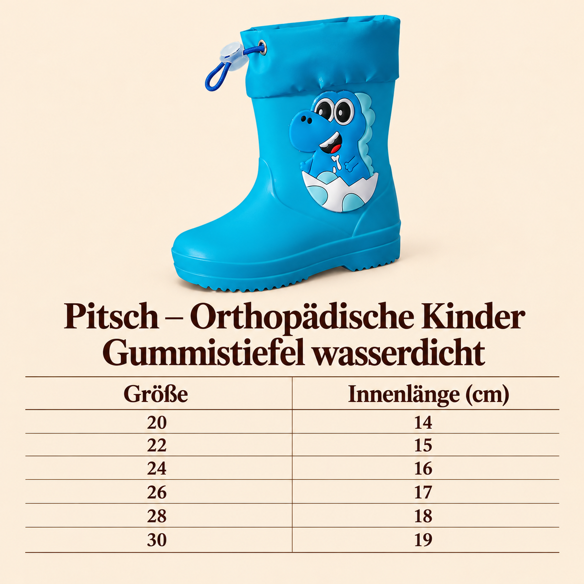 Pitsch – Orthopädische Kinder Gummistiefel wasserdicht – Leichte Regenstiefel mit Dino-Motiv & Kordelzug-Stulpe