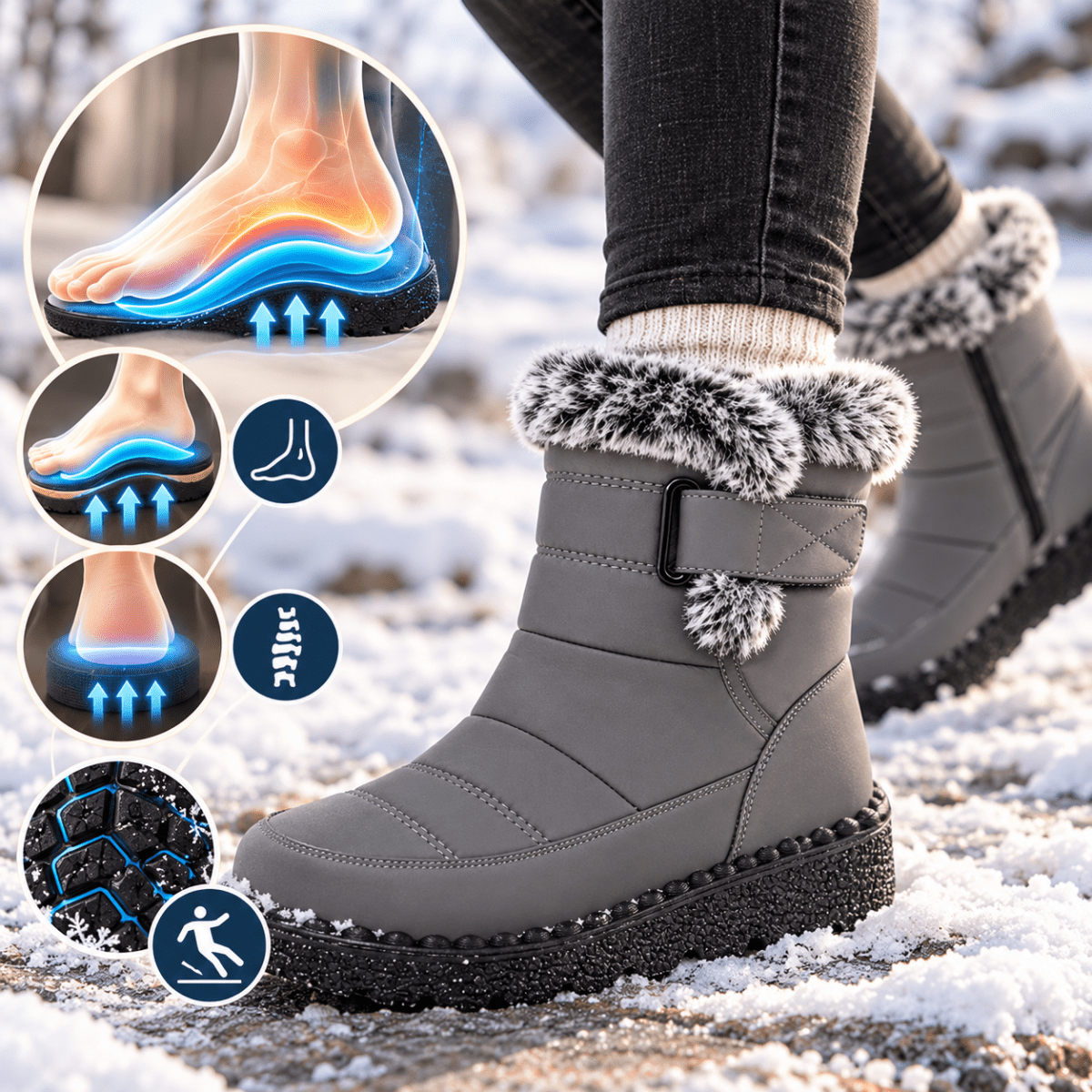 Kaja – Orthopädische Snow Boots Damen gefüttert – Wasserdichte Winterstiefel mit Kunstfell & Klettverschluss, rutschfest Stiefeletten