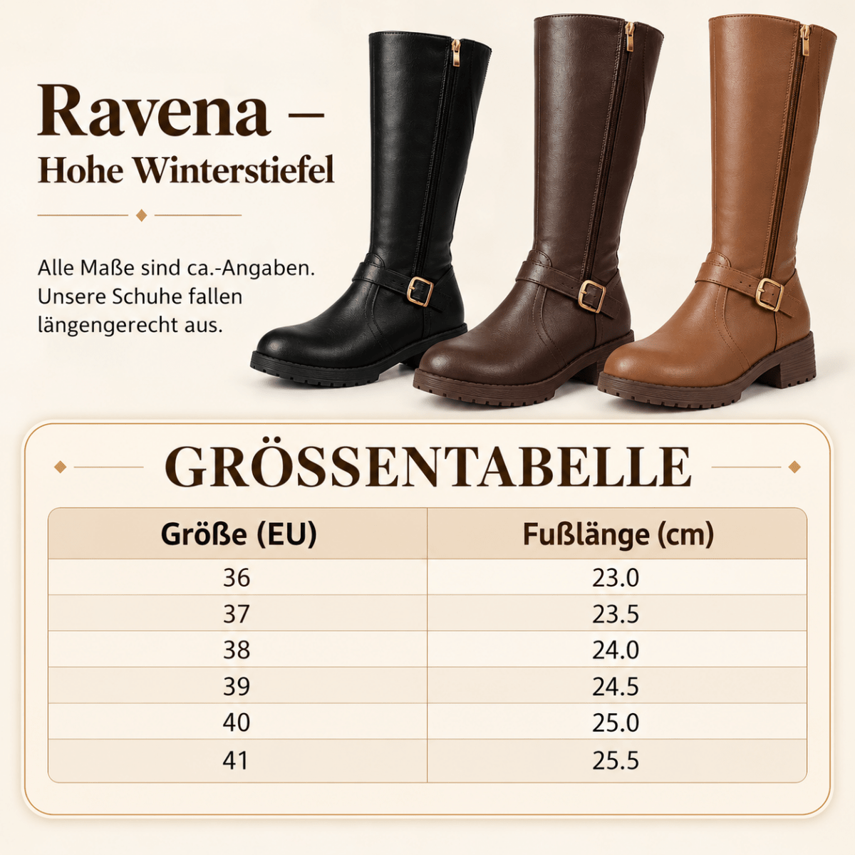 Ravena – Kniehohe Reitstiefel für Damen – Winterstiefel mit Blockabsatz & Reißverschluss