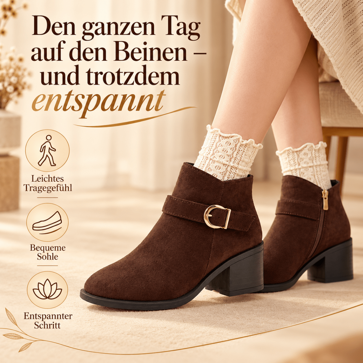 Svea – Orthopädische Winter Stiefeletten Damen gefüttert – Bequeme Wildleder-Optik Boots mit Blockabsatz & Schnalle, Gr. 35–43 Stiefeletten