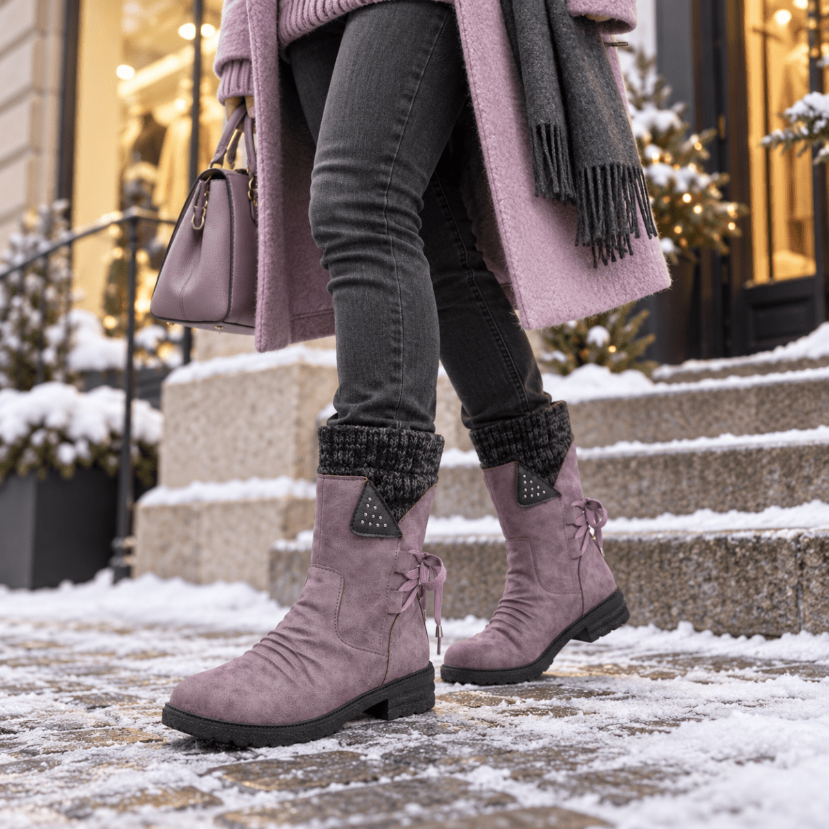 Tilda – Orthopädische Winterstiefel Damen mit Strickschaft – Gefütterte Stiefeletten mit flachem Absatz & Reißverschluss Stiefeletten