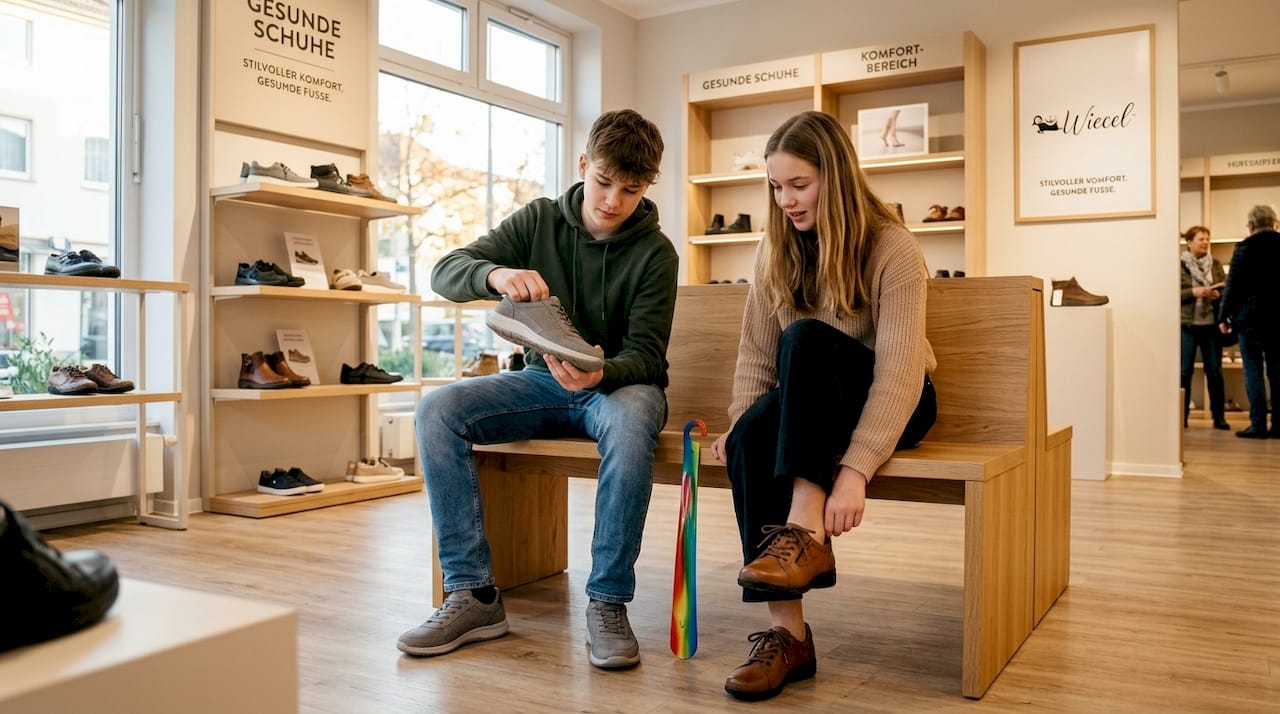 Jugendliche probieren im Geschäft bequeme und gesunde Schuhe an.