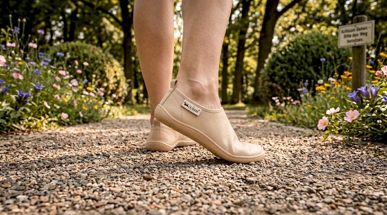 Mit minimalistischen Schuhen spaziert die Person fast wie barfuß durch den Wald.