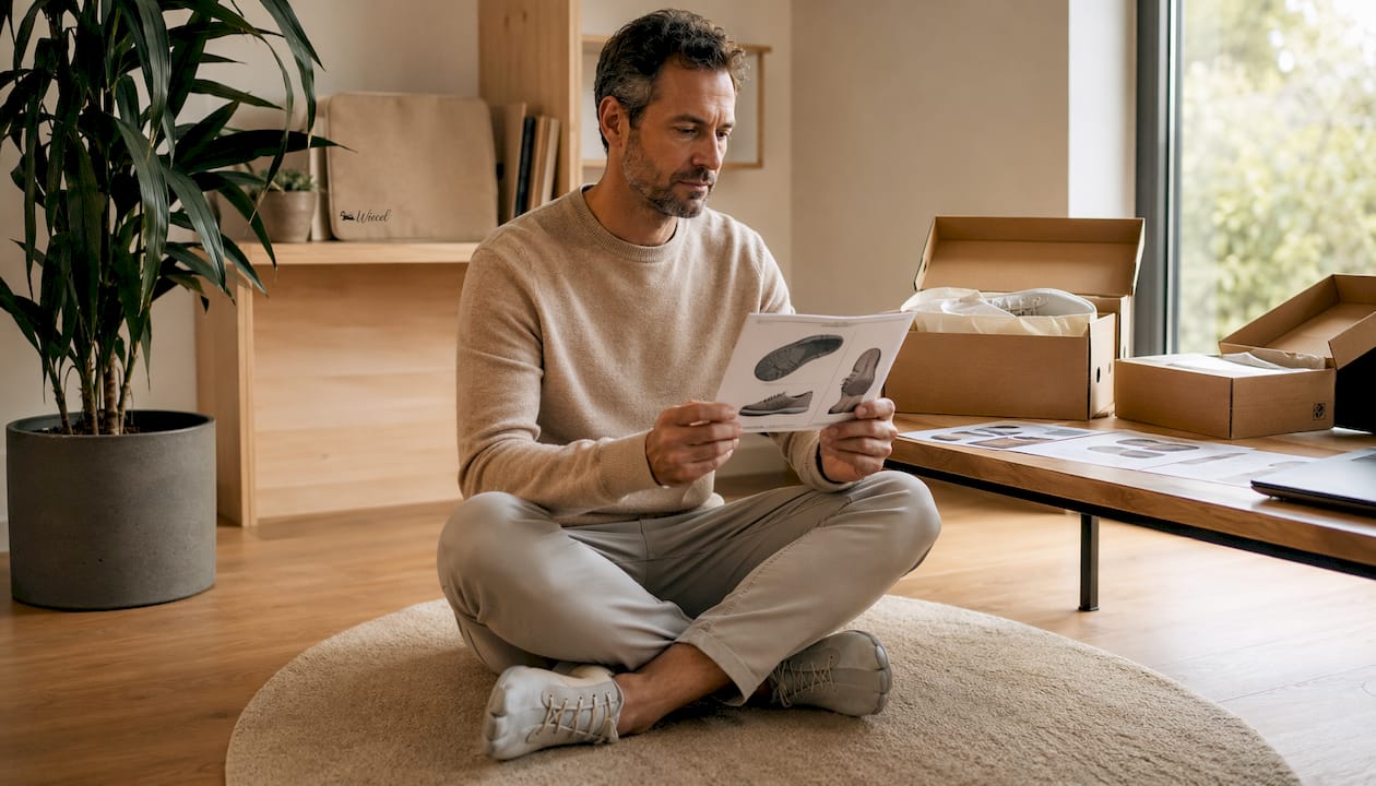 Jemand probiert zu Hause verschiedene orthopädische Barfußschuhe aus und vergleicht sie miteinander.