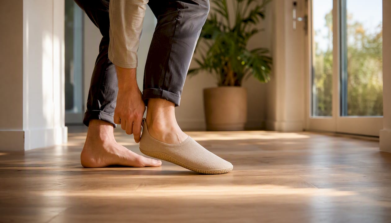 Eine Person schlüpft in ihre Barfußschuhe.