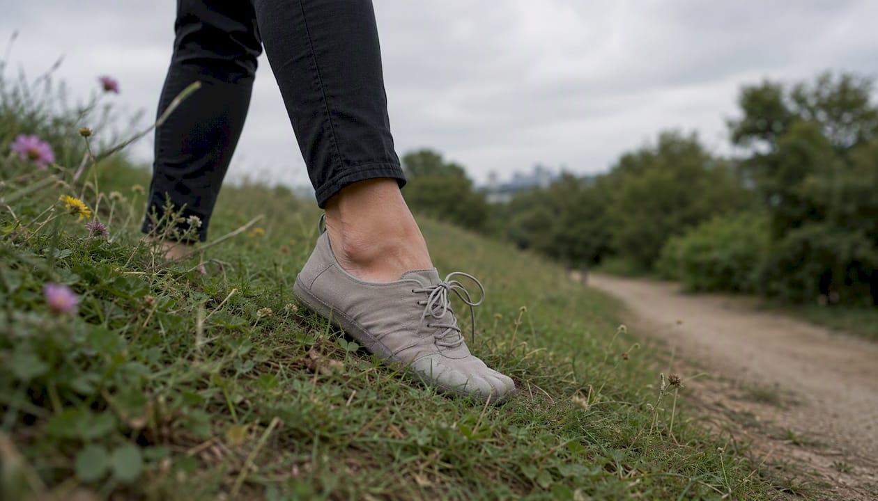 Eine Person tastet sich vorsichtig in minimalistischen Schuhen über den Waldboden.