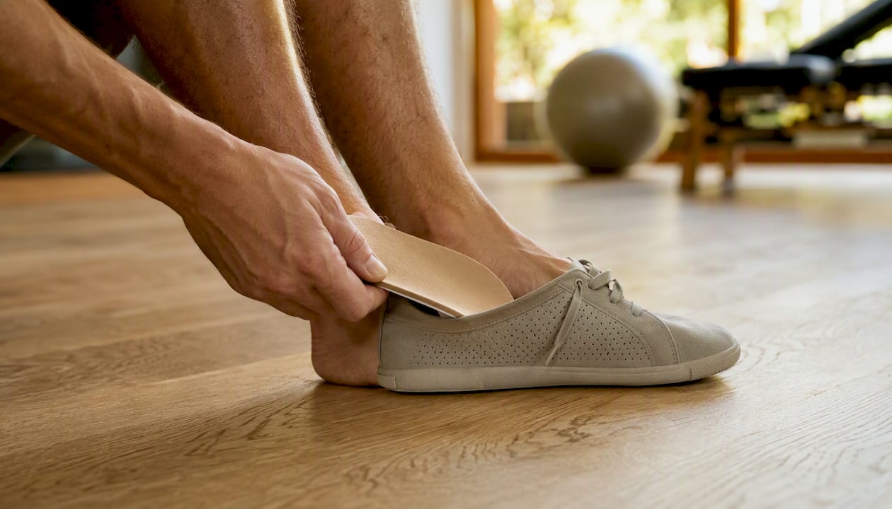 Fuß steckt orthopädische Einlegesohle in den Schuh
