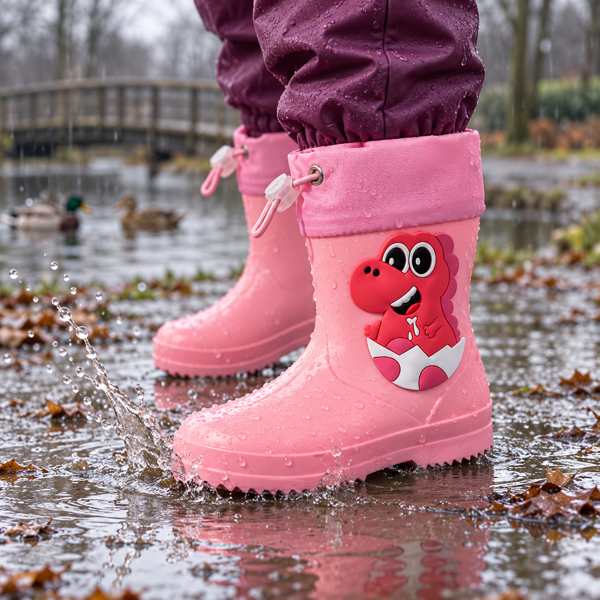 Pitsch – Orthopädische Kinder Gummistiefel wasserdicht – Leichte Regenstiefel mit Dino-Motiv & Kordelzug-Stulpe