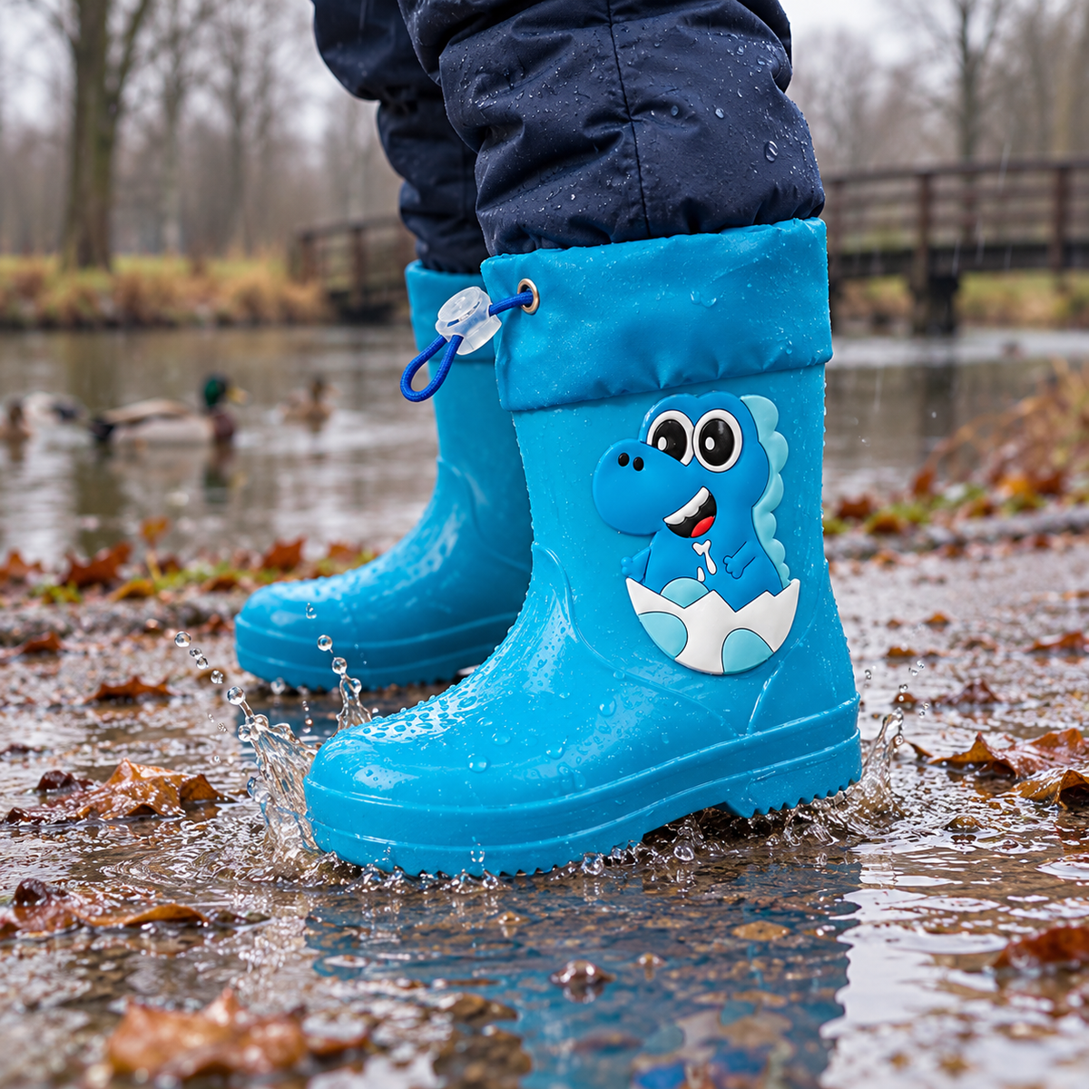Pitsch – Orthopädische Kinder Gummistiefel wasserdicht – Leichte Regenstiefel mit Dino-Motiv & Kordelzug-Stulpe