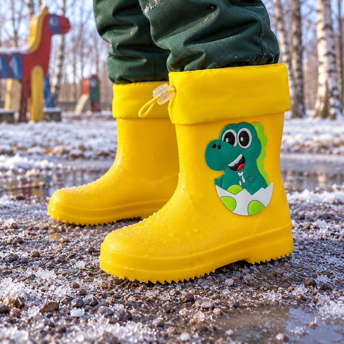 Pitsch – Orthopädische Kinder Gummistiefel wasserdicht – Leichte Regenstiefel mit Dino-Motiv & Kordelzug-Stulpe