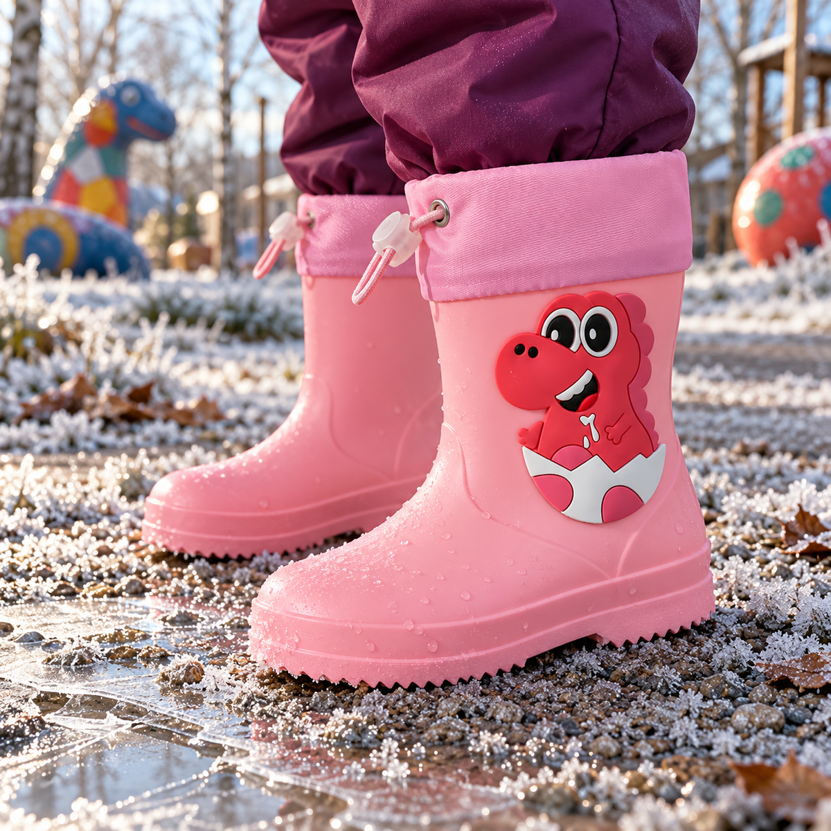 Pitsch – Orthopädische Kinder Gummistiefel wasserdicht – Leichte Regenstiefel mit Dino-Motiv & Kordelzug-Stulpe