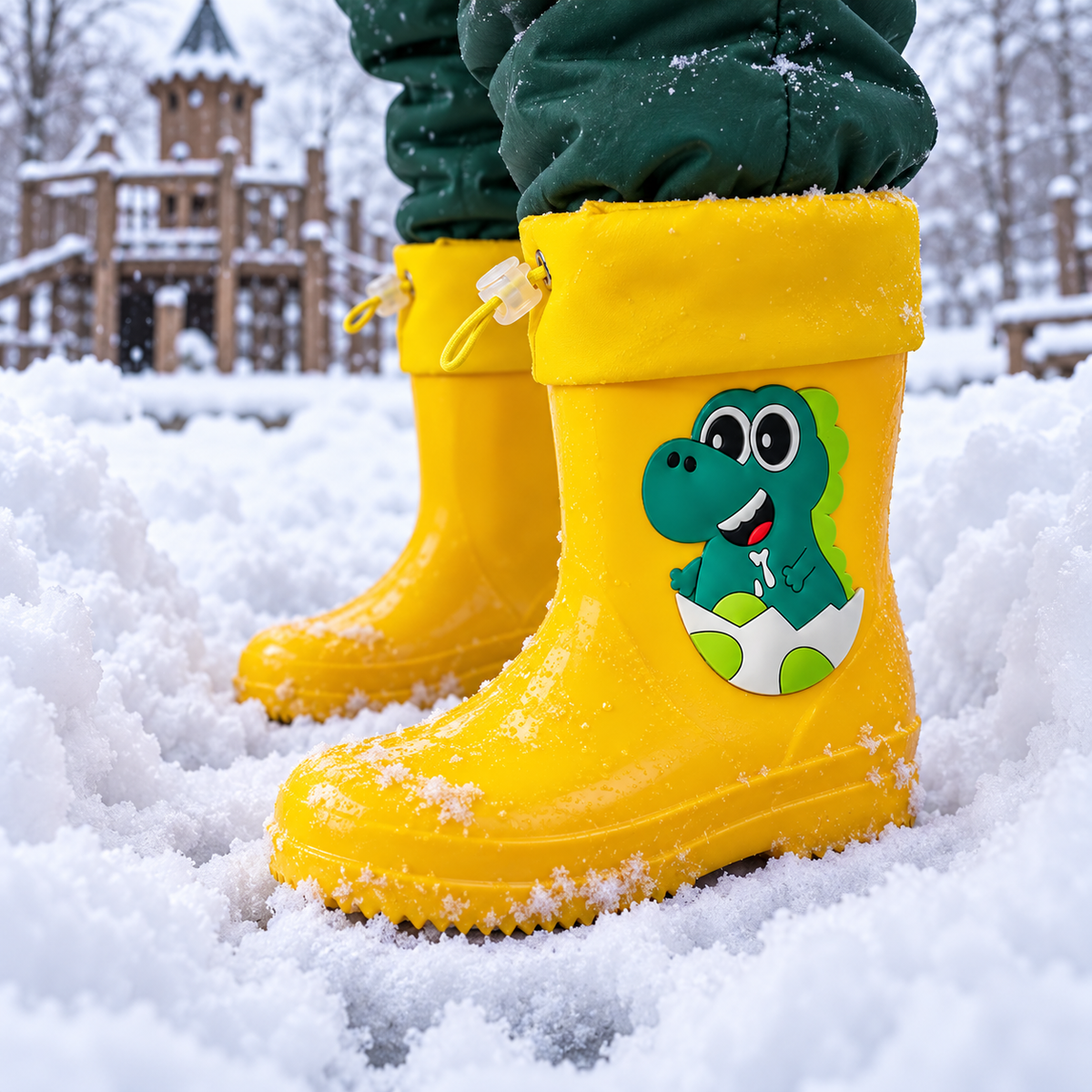 Pitsch – Orthopädische Kinder Gummistiefel wasserdicht – Leichte Regenstiefel mit Dino-Motiv & Kordelzug-Stulpe