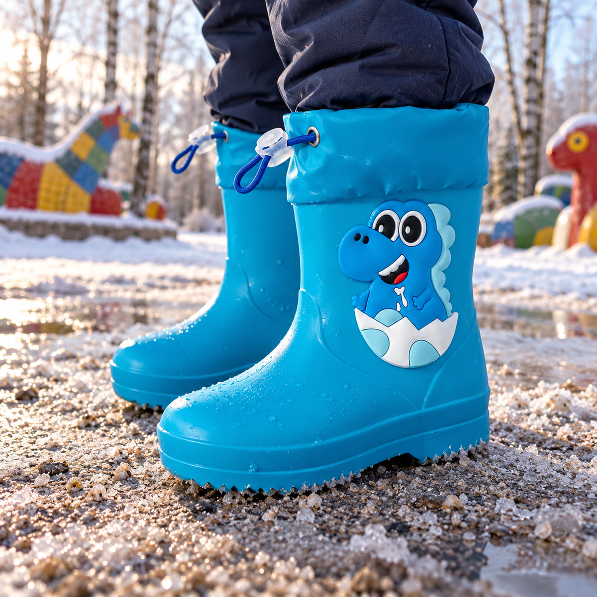 Pitsch – Orthopädische Kinder Gummistiefel wasserdicht – Leichte Regenstiefel mit Dino-Motiv & Kordelzug-Stulpe