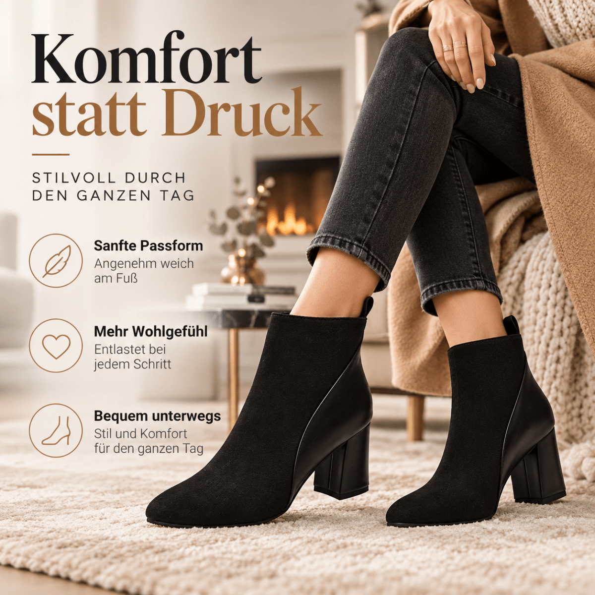 Enna – Orthopädische Winter Stiefeletten Damen mit Blockabsatz – Bequeme Chelsea Boots in Wildleder-Optik Stiefeletten