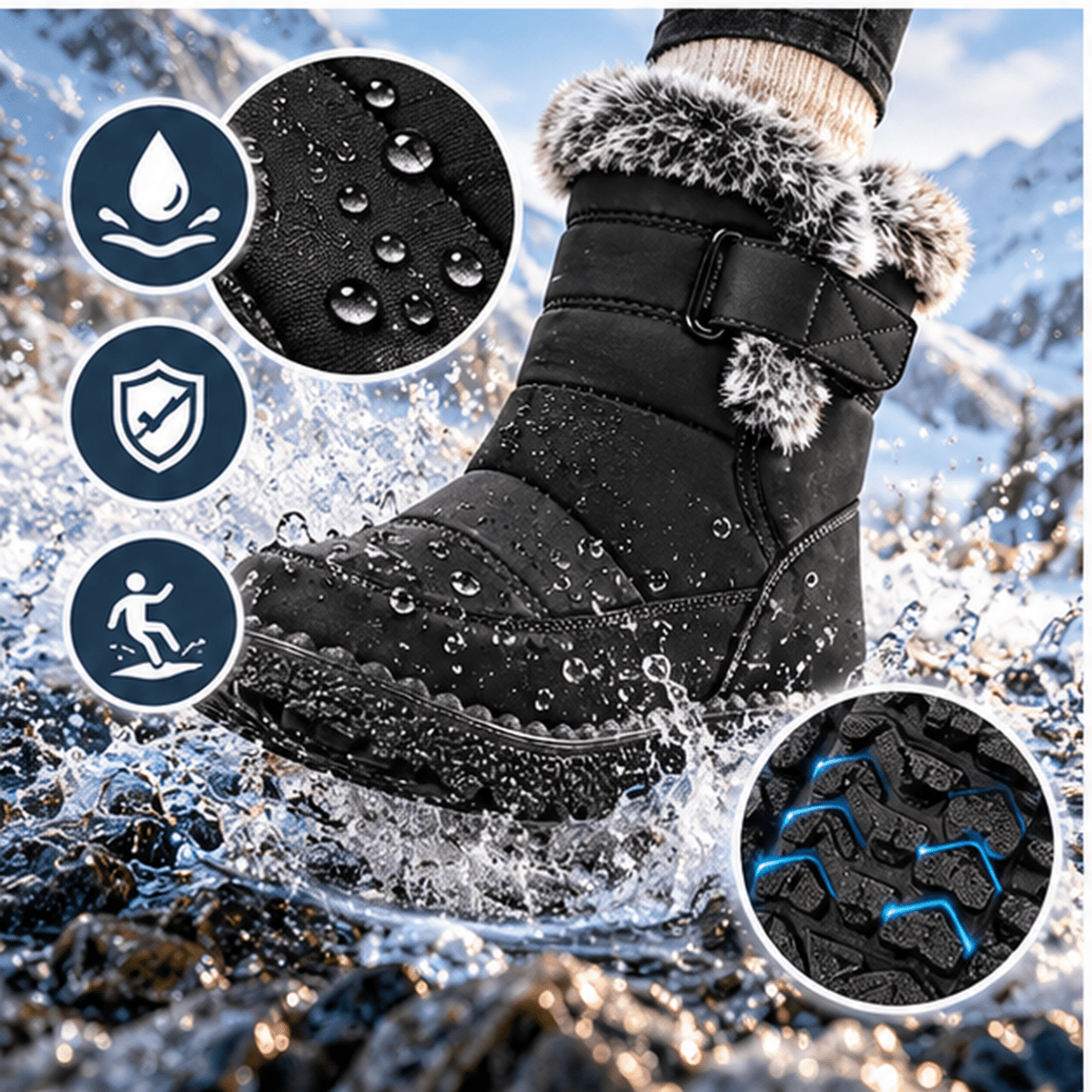 Kaja – Orthopädische Snow Boots Damen gefüttert – Wasserdichte Winterstiefel mit Kunstfell & Klettverschluss, rutschfest Stiefeletten