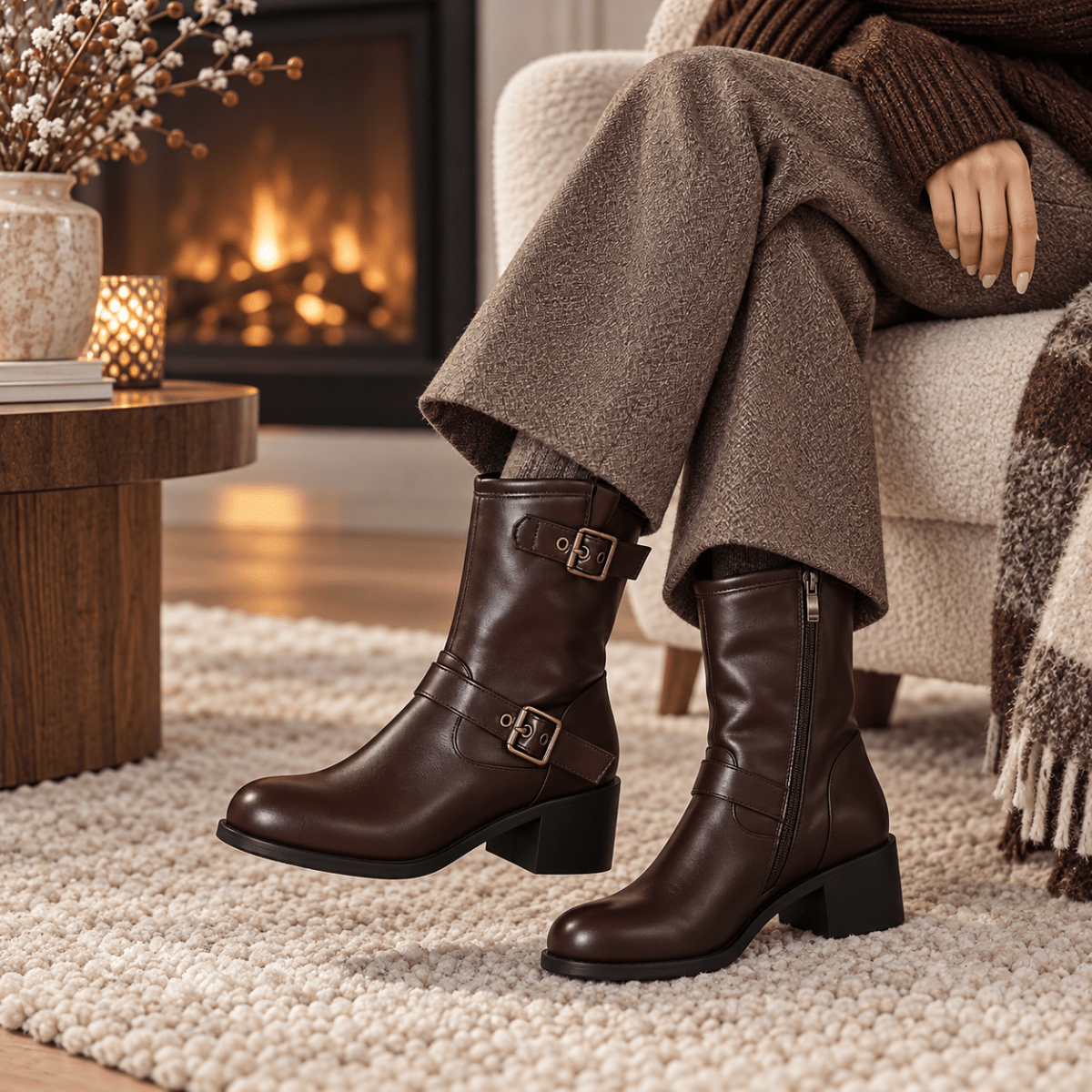 Maren – Orthopädische Winterstiefel Damen gefüttert – Bequeme Stiefeletten mit Blockabsatz & Schnallen Stiefeletten