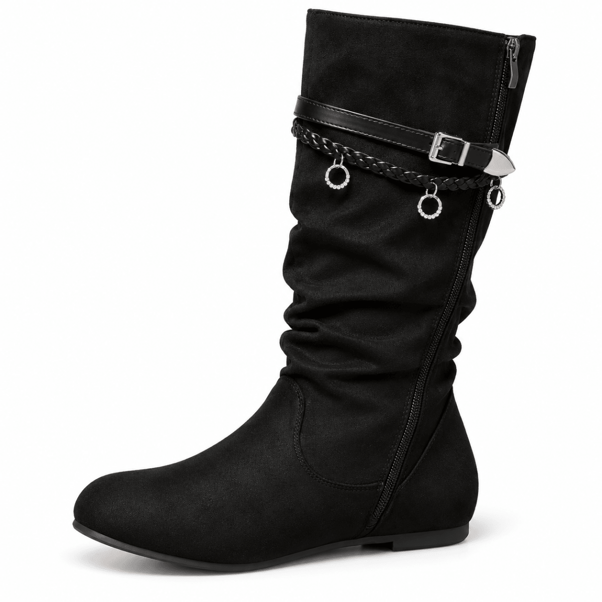 Runa – Orthopädische Winterstiefel Damen in Wildleder-Optik – Flache Slouch-Stiefel mit Schnallen & Reißverschluss Stiefeletten