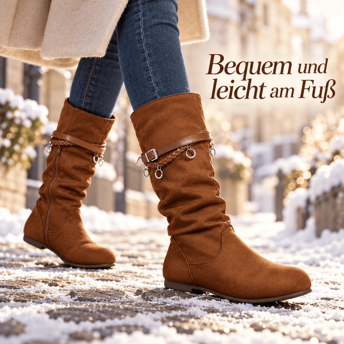 Runa – Orthopädische Winterstiefel Damen in Wildleder-Optik – Flache Slouch-Stiefel mit Schnallen & Reißverschluss Stiefeletten