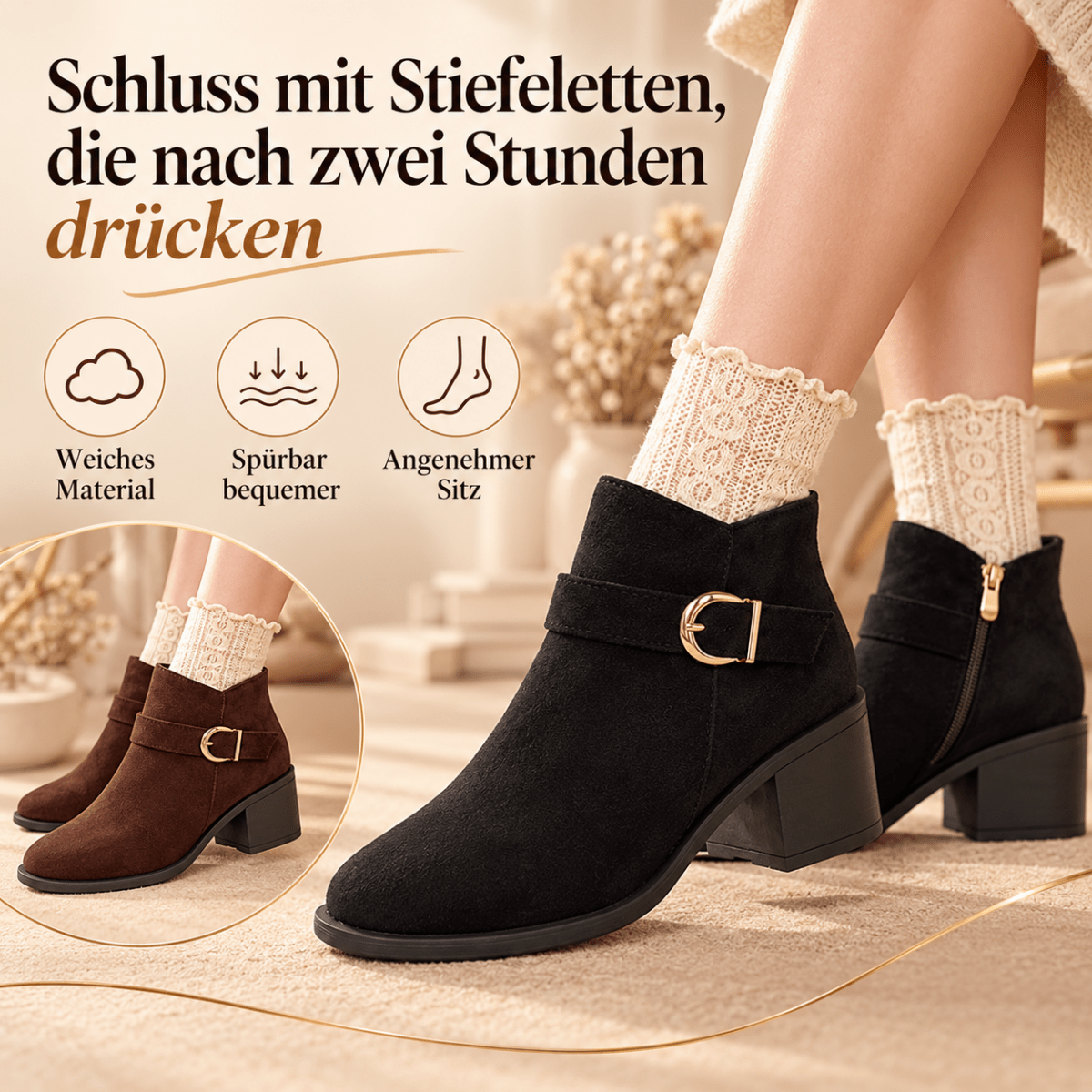 Svea – Orthopädische Winter Stiefeletten Damen gefüttert – Bequeme Wildleder-Optik Boots mit Blockabsatz & Schnalle, Gr. 35–43 Stiefeletten