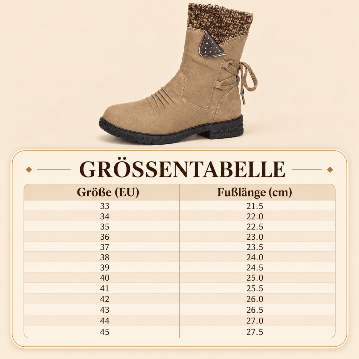 Tilda – Orthopädische Winterstiefel Damen mit Strickschaft – Gefütterte Stiefeletten mit flachem Absatz & Reißverschluss Stiefeletten