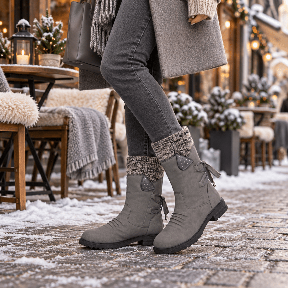 Tilda – Orthopädische Winterstiefel Damen mit Strickschaft – Gefütterte Stiefeletten mit flachem Absatz & Reißverschluss Stiefeletten