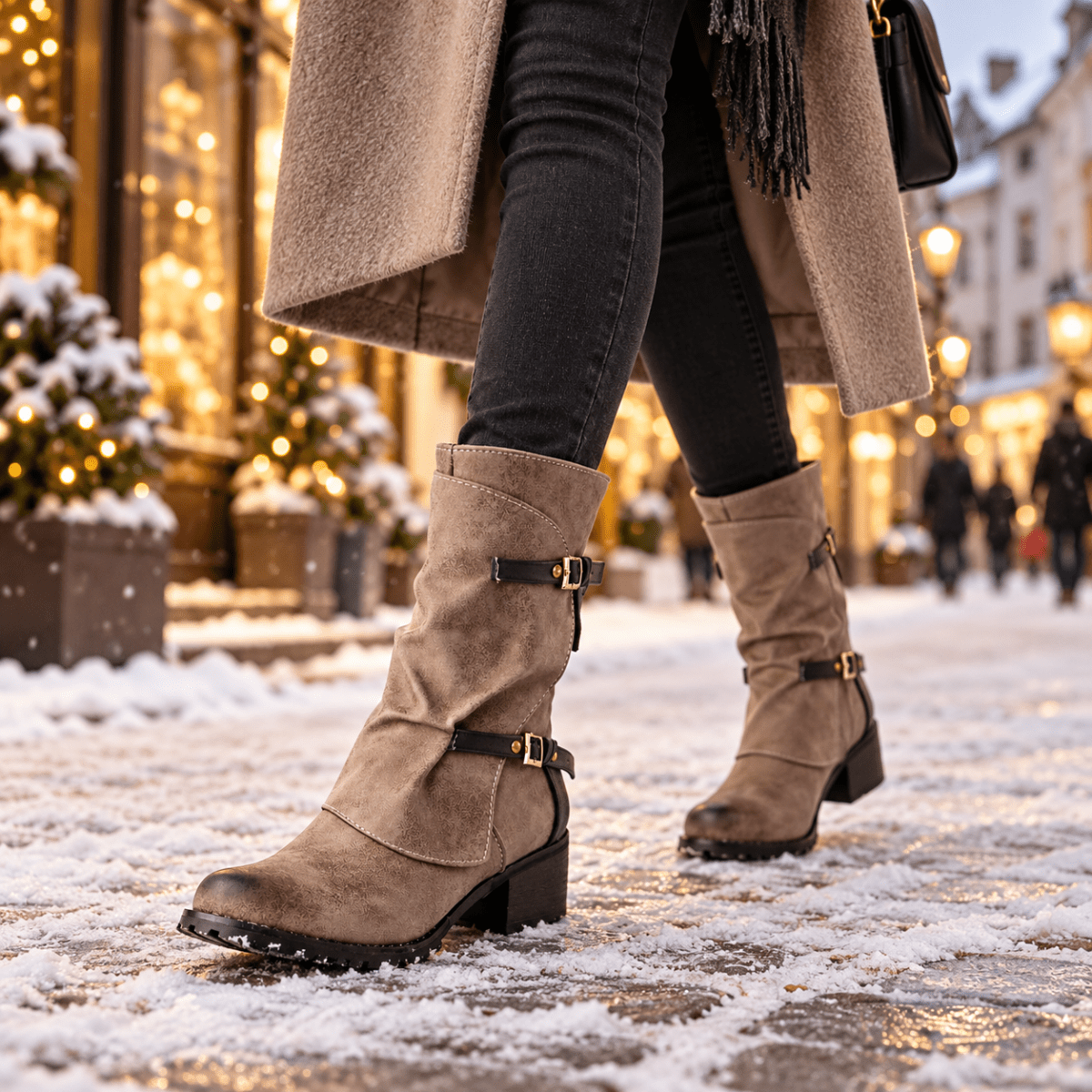 Ylvi – Orthopädische Winterstiefel Damen mit Blockabsatz – Gefütterte Stiefeletten mit Schnallen & Reißverschluss Stiefeletten